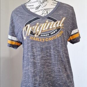 Harley-Davidson Gray V-Neck Tee with Yellow & White Accents